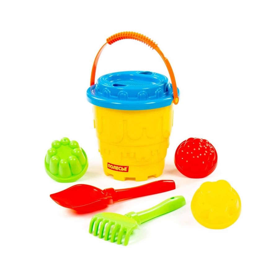 Набор №522: ведро-замок большое, ситечко-замок, лопатка №5, грабельки №5, 3 формочки