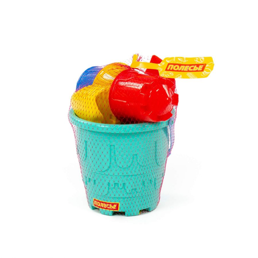 Набор №524: ведро-замок большое, лопатка №5, грабельки №5, формочки (замок мост + замок башня + замок стена с двумя башнями)