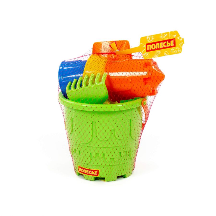 Набор №524: ведро-замок большое, лопатка №5, грабельки №5, формочки (замок мост + замок башня + замок стена с двумя башнями)