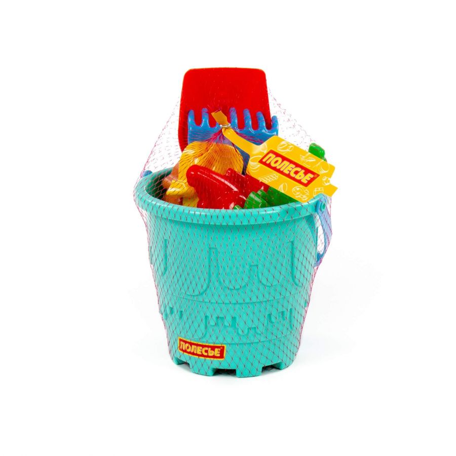 Набор №527: ведро-замок большое, лопатка №5, грабельки №5, формочки (тигр + мамонт + динозавр №1 + динозавр №2)