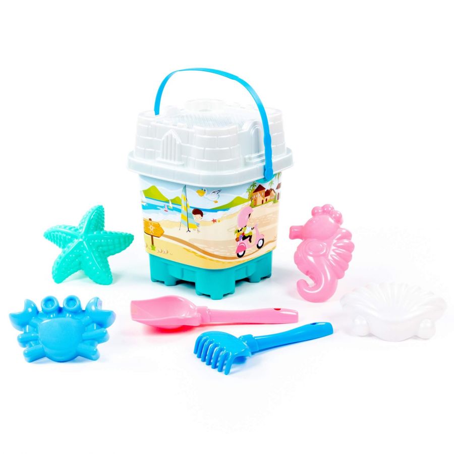 Набор №592: ведро-замок большое с наклейкой, ситечко-замок большое, лопатка №5, грабельки №5, формочки 4 шт