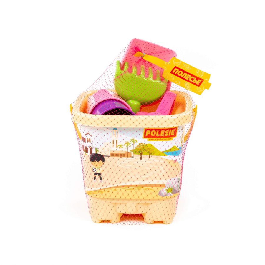 Набор №593: ведро-замок большое с наклейкой, лопата №6, грабли №6, формочки (замок мост + замок башня), лейка №10