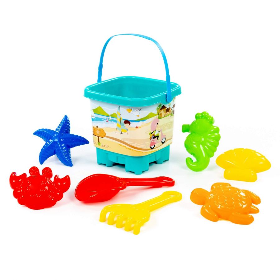 Набор №594: ведро-замок большое с наклейкой, совок №10, грабли №10, формочки (краб №2 + морской конёк + морская звезда №2 + ракушка №2 + черепаха)