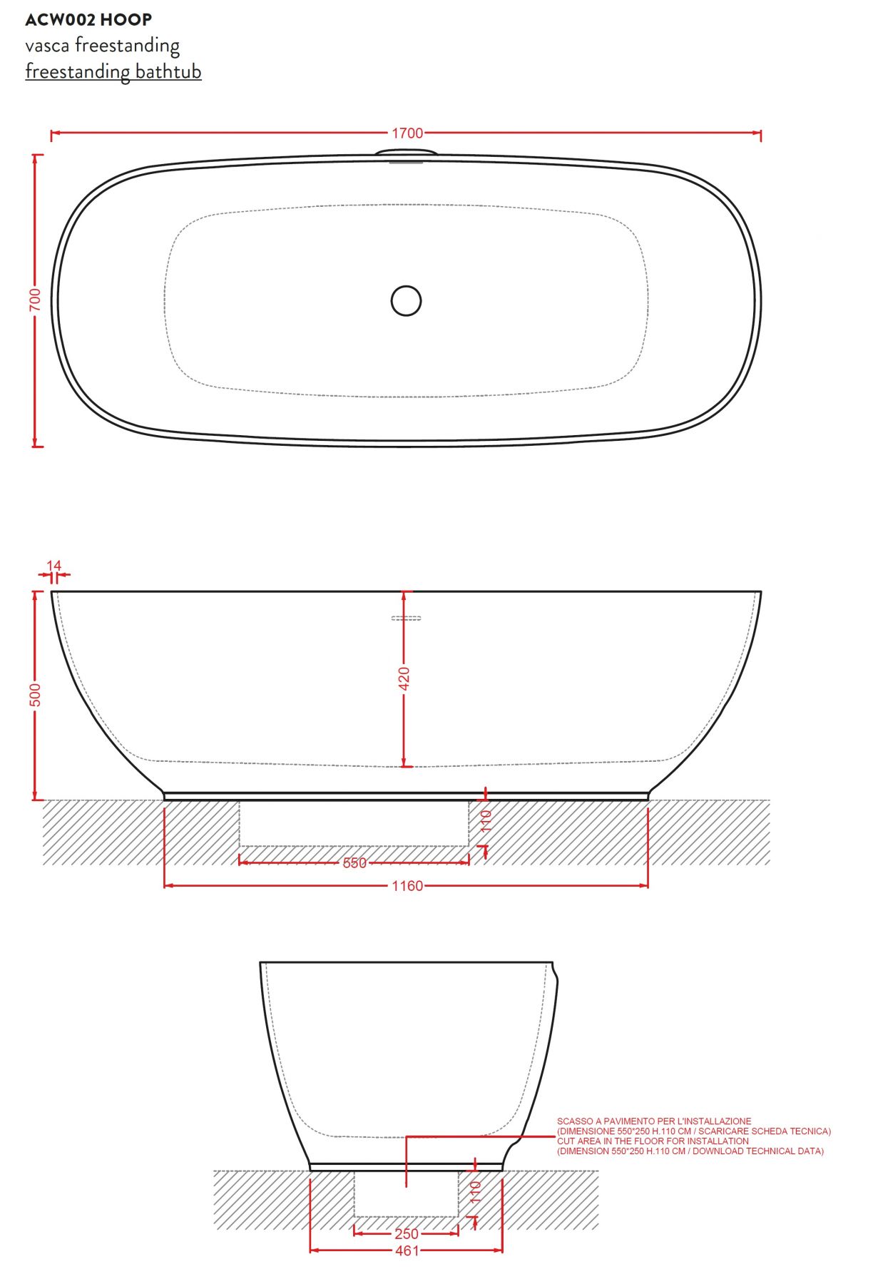 Отдельностоящая ванна Art Ceram HOOP ACW002 схема 6