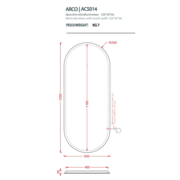 Зеркало Artceram Arco 500х1200 мм с LED-подсветкой и сенсорным выключателем ACS014 схема 2