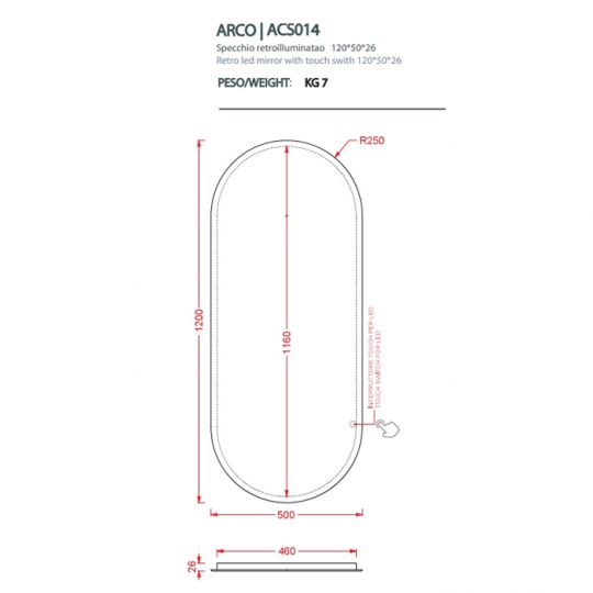 Зеркало Artceram Arco 500х1200 мм с LED-подсветкой и сенсорным выключателем ACS014 ФОТО