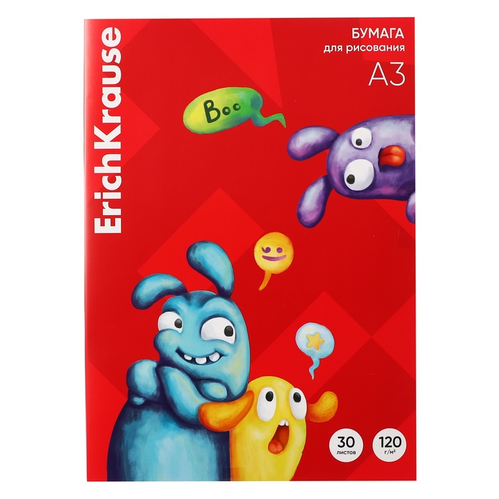 Бумага для рисования А3, 30 листов, ErichKrause Jolly Friends, блок 120 г/м?, 100% белизна, картонная папка