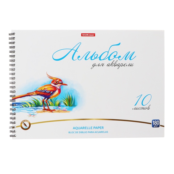 Альбом для акварели А4, 10 листов на спирали, Erich Krause Birds, блок 180 г/м?, экстра белая, перфорация для отрыва, твердая подложка