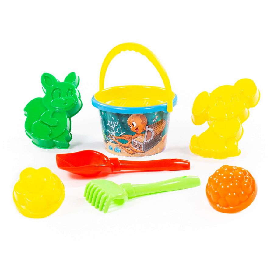 Набор №213: ведро среднее с наклейкой, ситечко, лопатка №5, грабельки №5, формочки (белочка + пёсик), 2 формочки