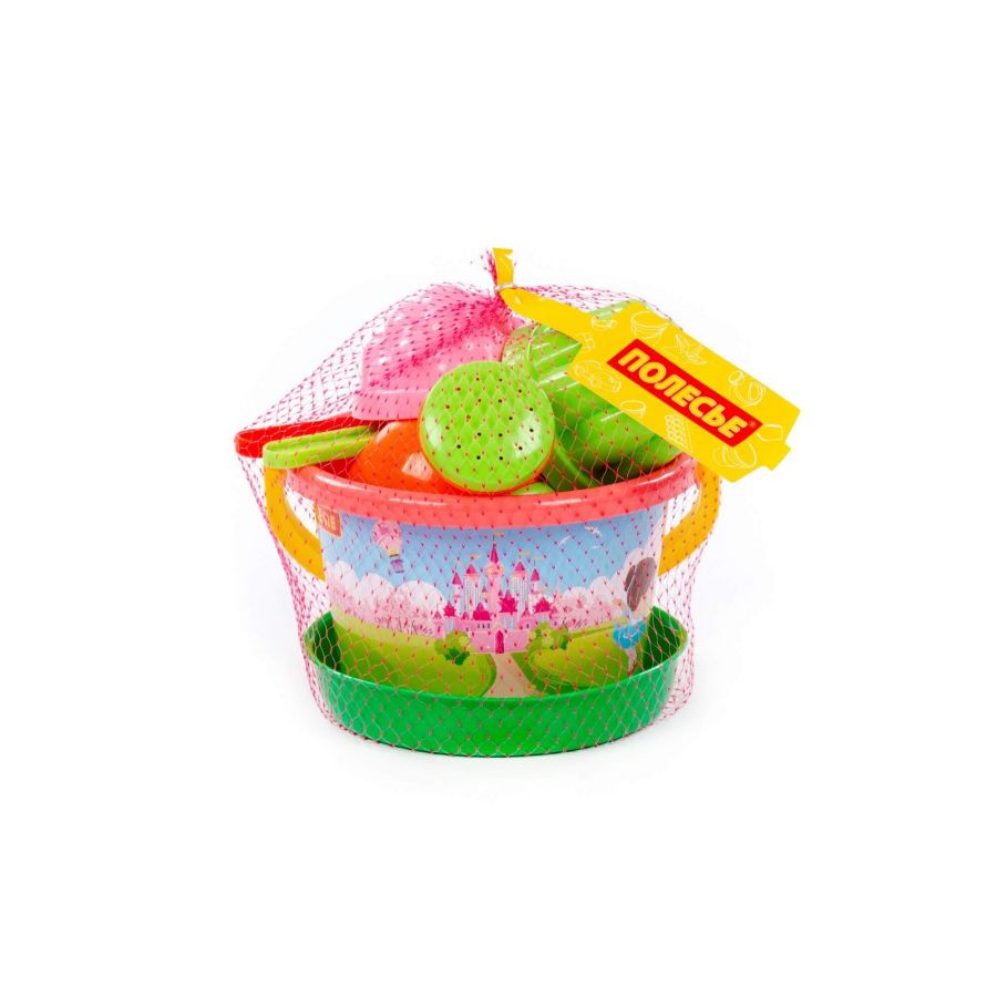 Набор №224: ведро среднее с наклейкой, ситечко, лопатка, грабельки, 2 формочки, лейка малая №4