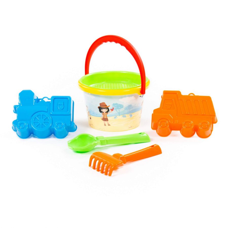 Набор №252: ведро среднее с наклейкой, ситечко, совок №2, грабельки №2, формочки (самосвал + паровоз)
