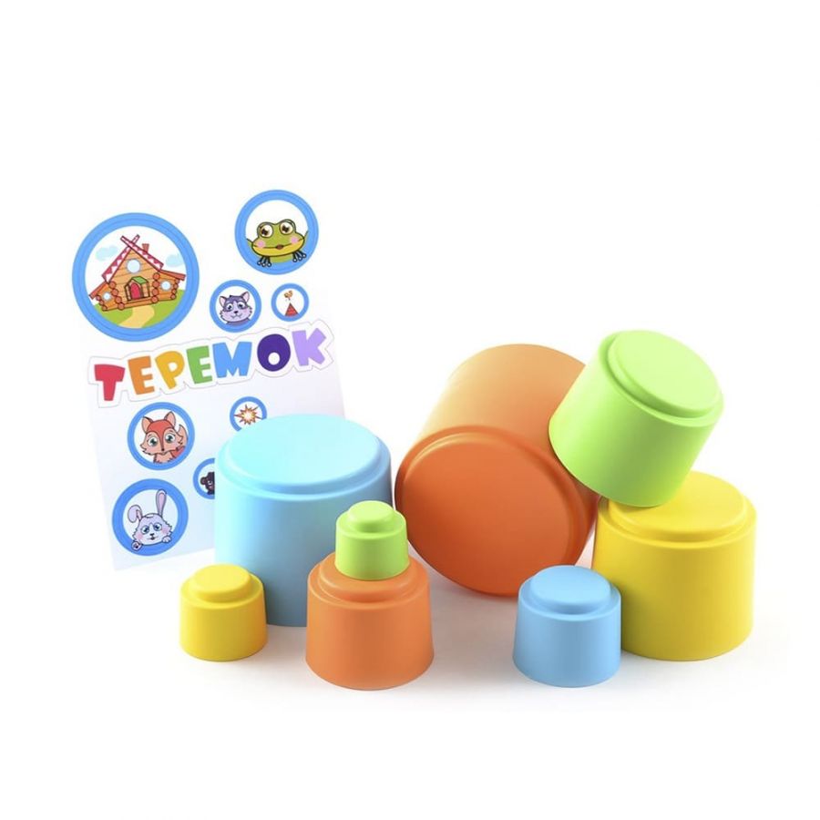 Мягкая пирамидка стаканчики с наклейками "Теремок" КНОПА