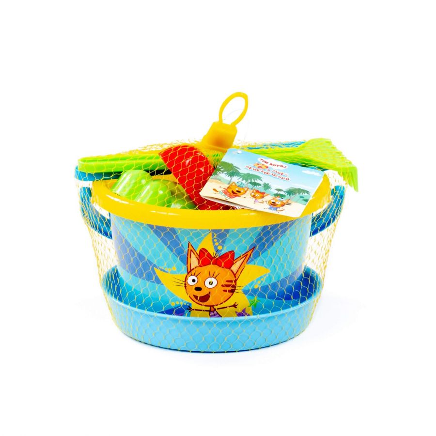 Песочный набор "Три кота и море приключений" №4: Ведро среднее с наклейкой, ситечко, лопатка, грабельки, формочки (морской конёк + черепаха)