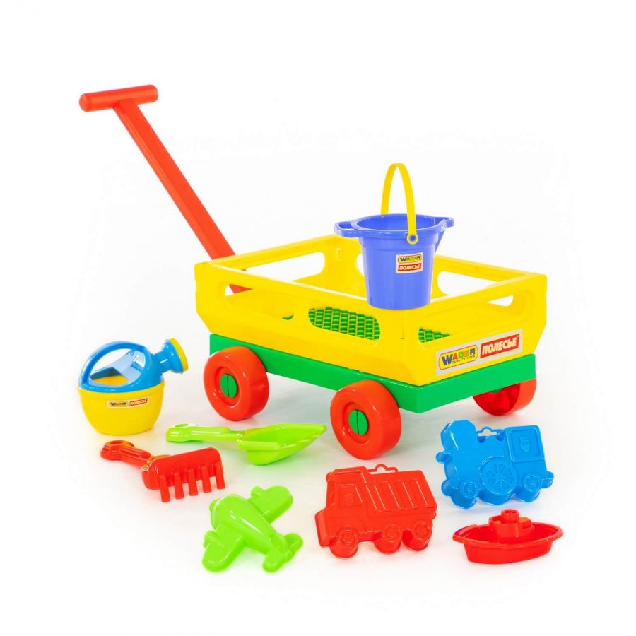 Набор №488: тележка с ручкой №2, ведро малое с носиком, совок №8, грабельки №8, формочки 3 шт, кораблик "Юнга", лейка малая №4