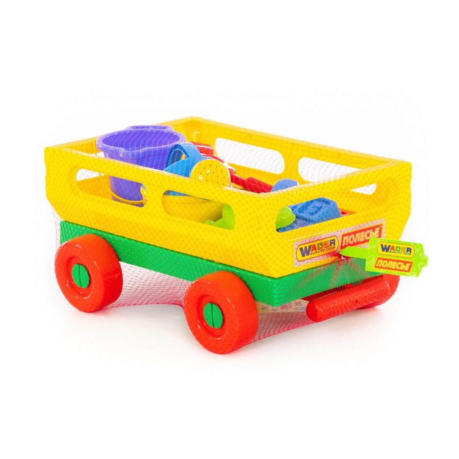 Набор №488: тележка с ручкой №2, ведро малое с носиком, совок №8, грабельки №8, формочки 3 шт, кораблик "Юнга", лейка малая №4