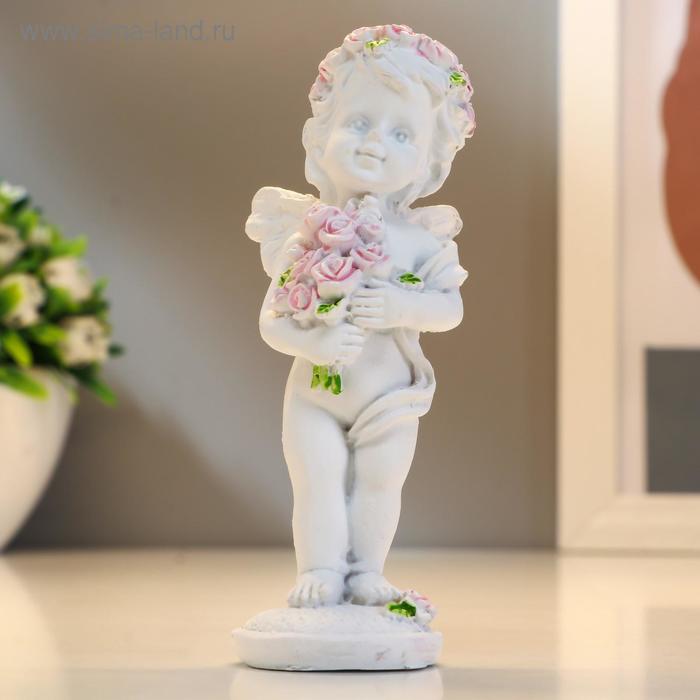 Сувенир полистоун "Ангел в розовом венке с букетом роз"