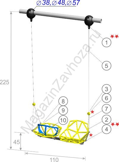 Качели двойные "взрослый - малыш" на тросовой системе 225 см с креплением на трубу