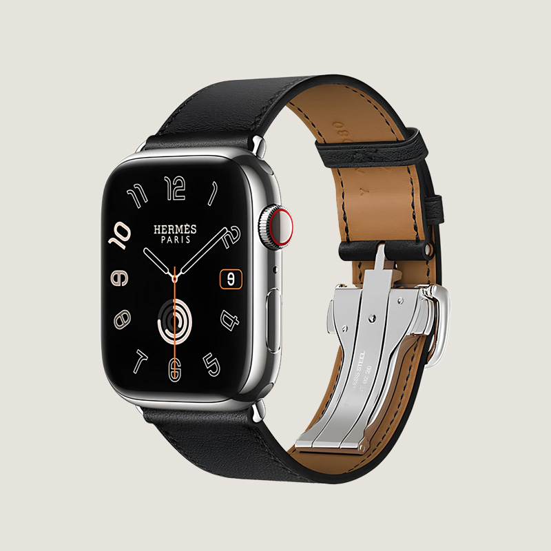 Часы Apple Watch Hermès Series 9 GPS + Cellular 45mm Silver Stainless Steel Case with Noir Swift Leather Single Tour Deployment Buckle