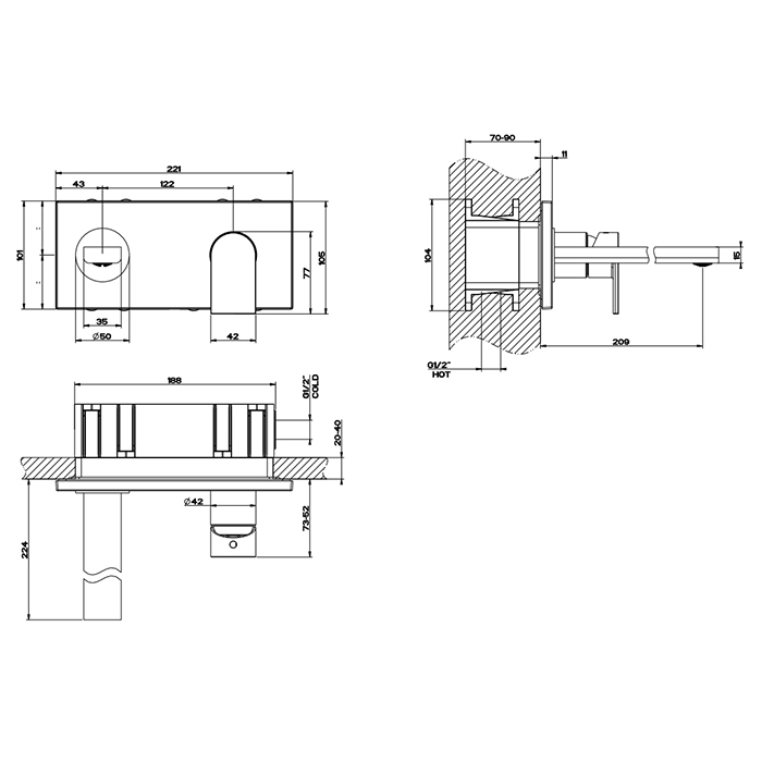 Встраиваемый cмеситель для раковины Gessi Emporio Via manzoni c изливом 20,9 см. 44895 ФОТО