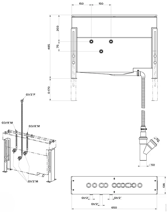 Монтажный бокс для смесителя на борт ванны Gessi Technical 01669 схема 2