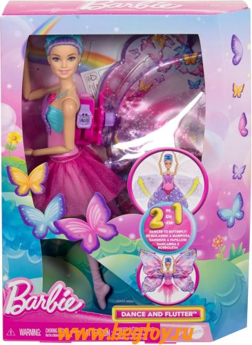 Набор игровой Barbie HXJ10 «Танцуй и порхай» с функцией 2-в-1: превращение из танцовщицы в бабочку с раскрывающимися крыльями, фиолетовыми волосами, головным убором и съемной юбкой-пачкой