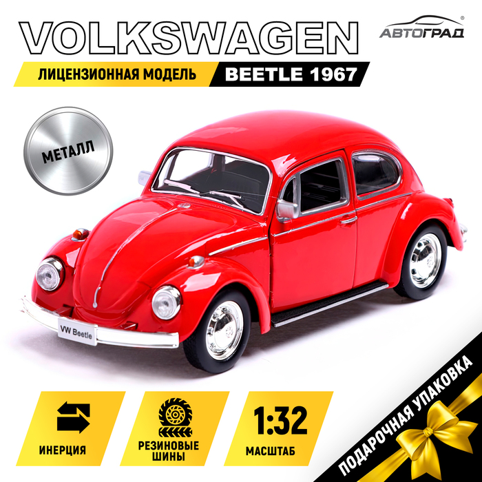 Машина металлическая VOLKSWAGEN BEETLE 1967, 1:32, открываются двери, инерция, цвет красный