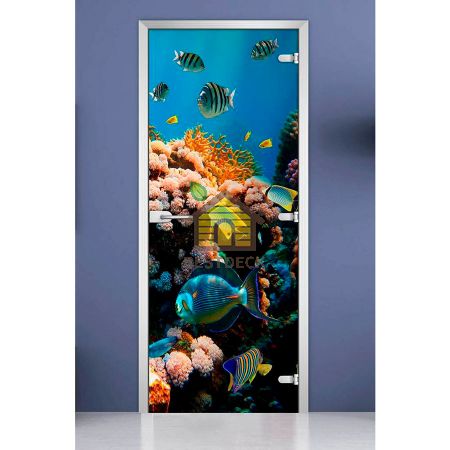 Стеклянная межкомнатная дверь с фотопечатью DW «Underwater World-14»