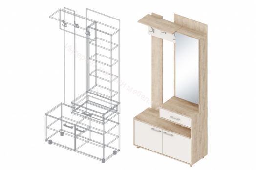 Вешалка с зеркалом "Граф" (правое исполнение) Перламутр/Дуб баррик