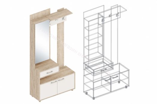 Вешалка с зеркалом "Граф" (левое исполнение) Перламутр/Дуб баррик
