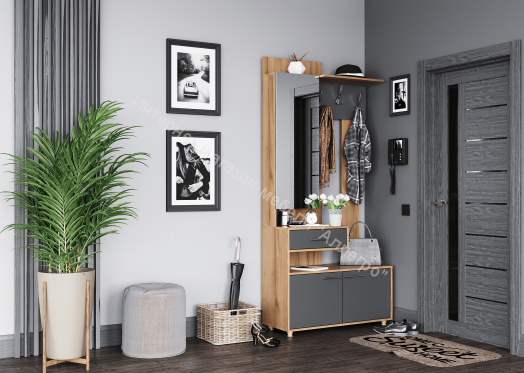 Вешалка с зеркалом "Граф" (левое исполнение) Тёмно серый/Дуб золотистый