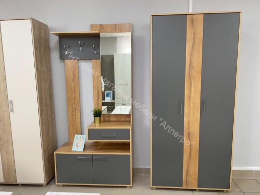 Вешалка с зеркалом "Граф" (правое исполнение) Тёмно серый/Дуб золотистый