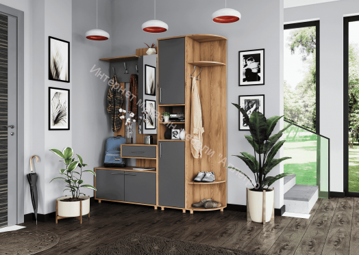 Вешалка с зеркалом "Граф" (правое исполнение) Тёмно серый/Дуб золотистый