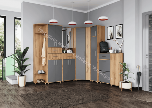 Обувница "Граф" 3-х створчатая с ящиком Тёмно серый/Дуб золотистый