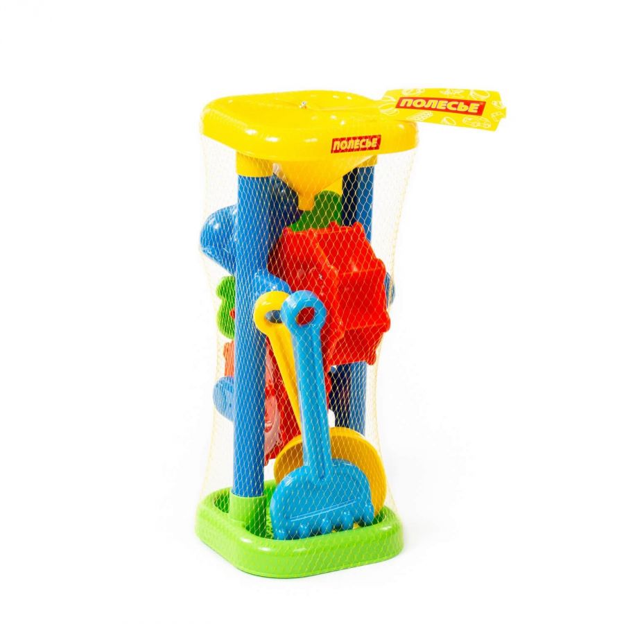 Набор №282: песочная мельница (h=308 мм), совок №7, грабельки №7, формочки (заяц + лошадка + месяц + самолёт)