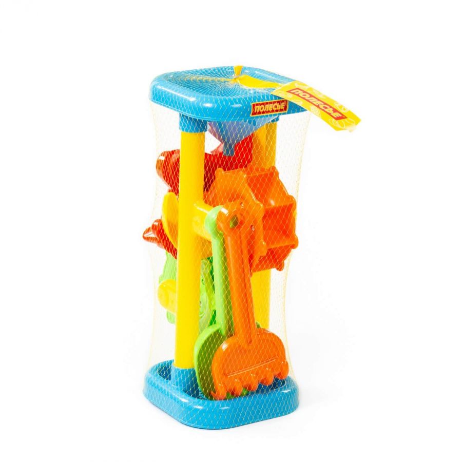 Набор №282: песочная мельница (h=308 мм), совок №7, грабельки №7, формочки (заяц + лошадка + месяц + самолёт)