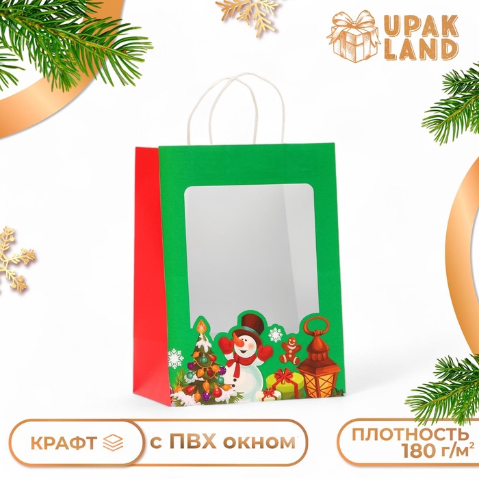 Пакет подарочный новогодний с окном "Снеговик" 30 х 22 х 14 см.