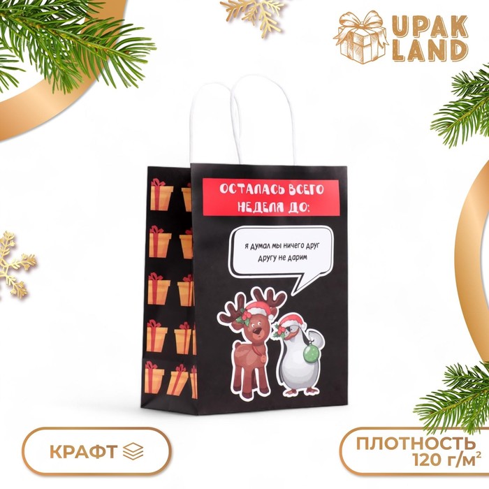 Пакет бумажный подарочный новогодний крафт, "Я думал мы ничего не дарим", 27 х 21 х 11 см.