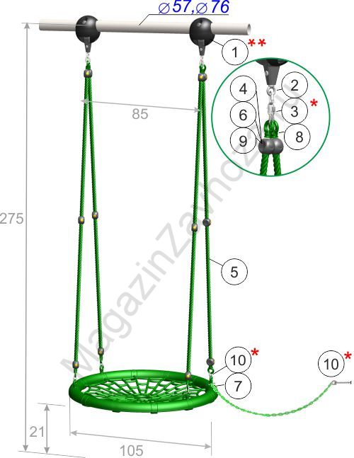 Качели-гнездо 100 см высота 275 см с креплением на трубу или к потолку