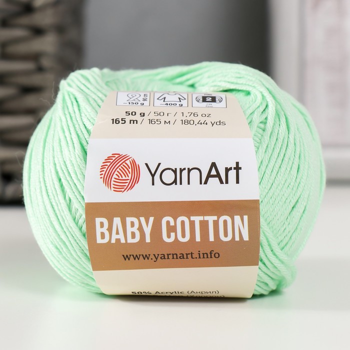 Пряжа для вязания спицами, крючком YarnArt, Baby cotton, 50% акрил, 50% хлопок, 165 м/50 г, (435 весна)