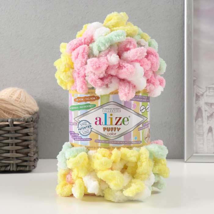 Плюшевая пряжа для вязания руками ALIZE, Puffy color, 100 % микрополиэстер, 9 м/100 г, (5862 разноцветный)