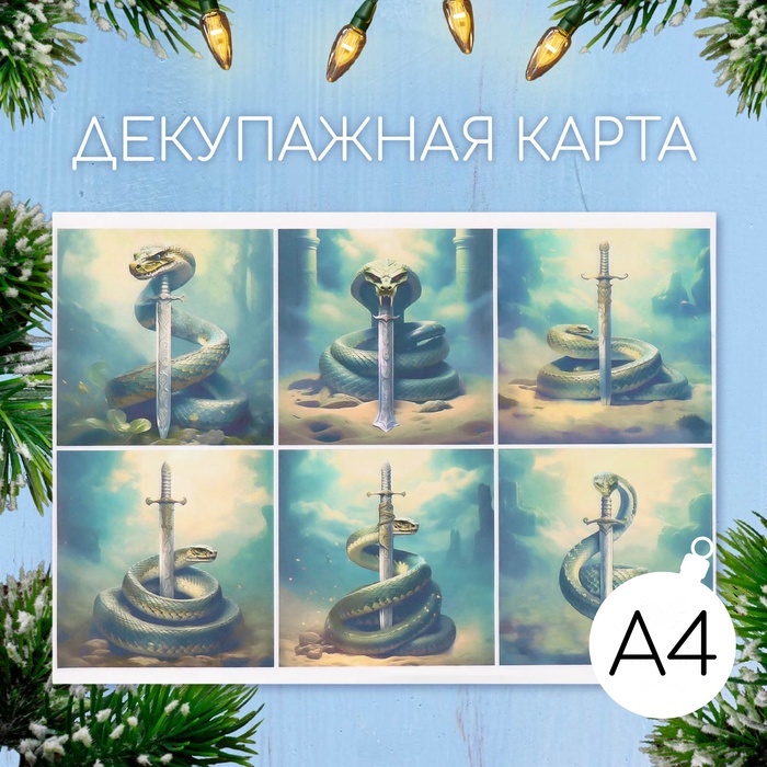 Новогодняя декупажная карта "Змея с мечом", плотность 45 г/м2, формат А4