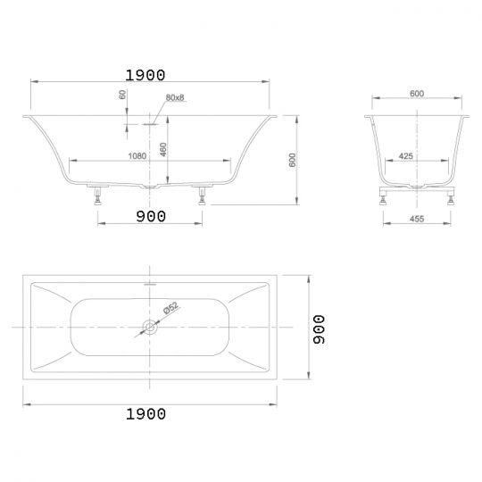 Встраиваемая ванна Knief Shape с щелевым сливом переливом click-clack 190x90x60 cм 0600-777-01 схема 2