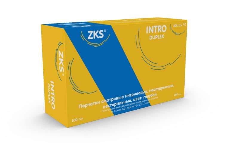 Перчатки "ZKS" нитриловые "Intro Duplex" голубые (вес штуки М - 3,0 г) 100пар