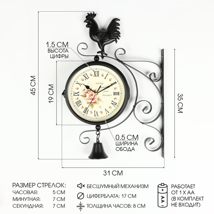 Часы настенные двусторонние, на подвесе «Флюгер», плавный ход, циферблат d-19 см, 48?32 см