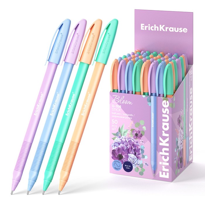 Ручка шариковая, ErichKrause, U-108 Stick "Pastel Bloom" узел 1.0 мм цвет синяя