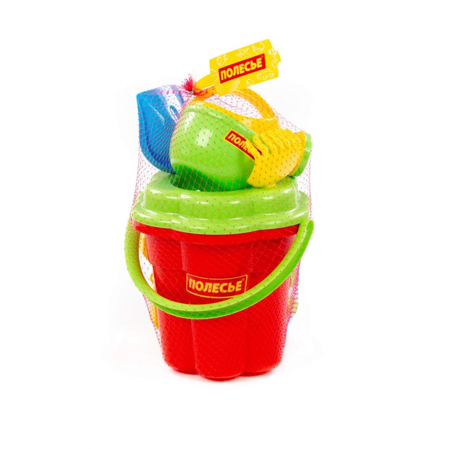 Набор №279: ведро-цветок большое, ситечко-цветок большое, лопатка №5, грабельки №5, формочки (самосвал + паровоз), лейка малая №4