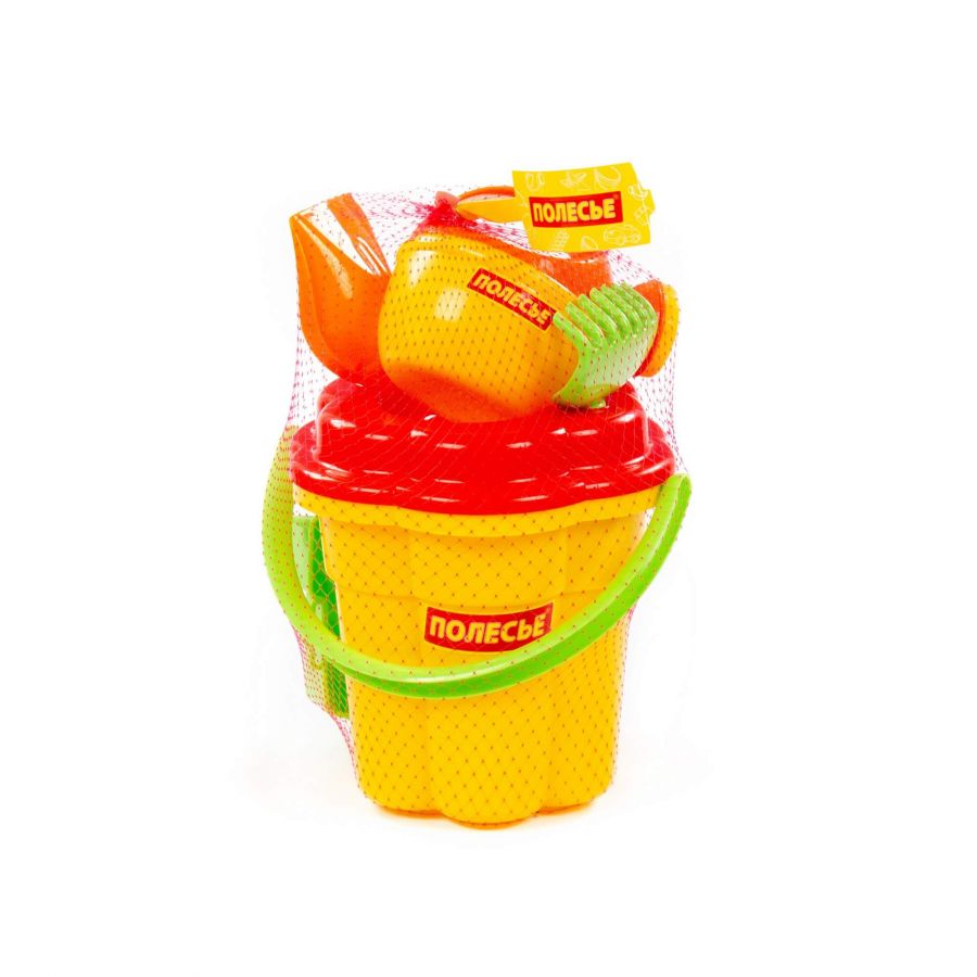 Набор №279: ведро-цветок большое, ситечко-цветок большое, лопатка №5, грабельки №5, формочки (самосвал + паровоз), лейка малая №4