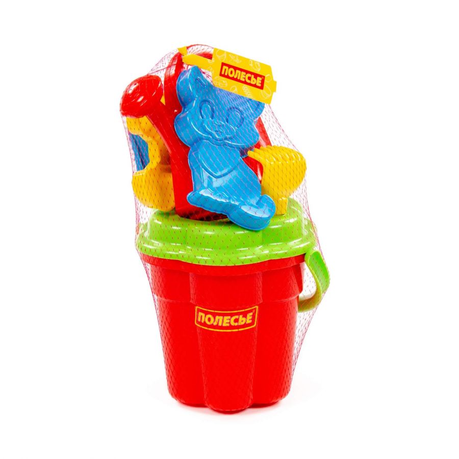 Набор №97: ведро-цветок большое, ситечко-цветок большое, лопатка №5, грабельки №5, формочки (котёнок + медведь), лейка большая