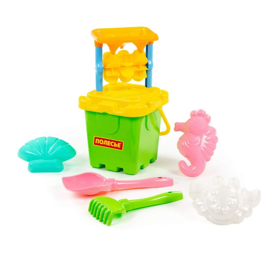 Набор №283: песочная мельница №2 с основанием ситечко-крепость большое №2, ведро-крепость большое, лопатка №5, грабельки №5, формочки 3 шт