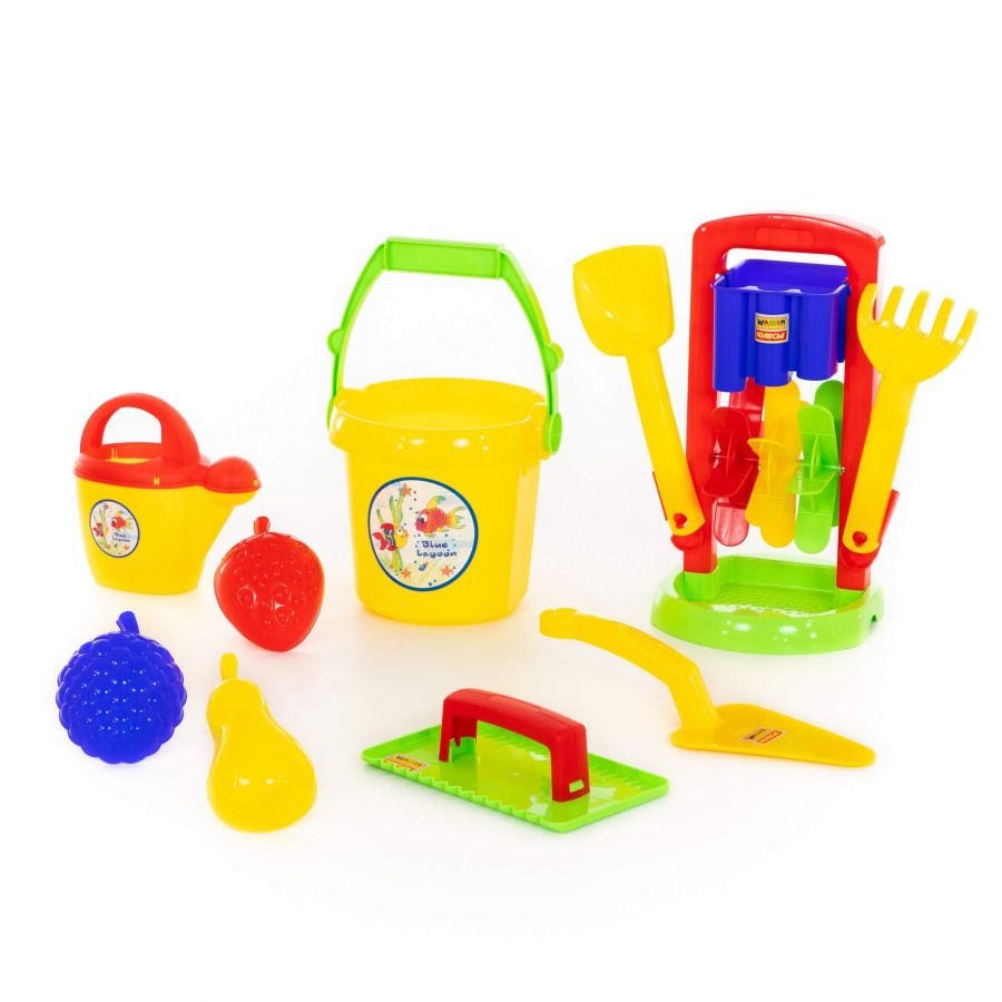 Набор №457: песочная мельница №4, ведро №9, лопатка №31, грабельки №31, формочки "Фрукты" 3 шт, лейка №10, набор каменщика №5